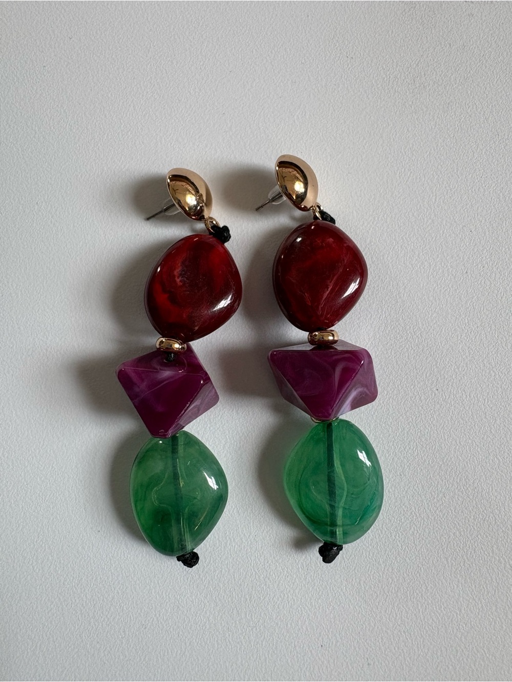 Anthropologie Gold-Stud Drop Earrings — Red, Purple & Green
